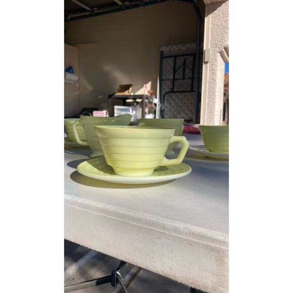 Hazel Atlas mid century Modern stone 4 cups/sausers a Sugar Bowl and Creamer - Picture 12 of 12